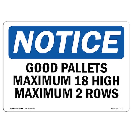 Signmission OSHA Notice Sign, 18" H, Rigid Plastic, Good Pallets Maximum 18 High Maximum 2 Rows Sign, Landscape OS-NS-P-1824-L-13152